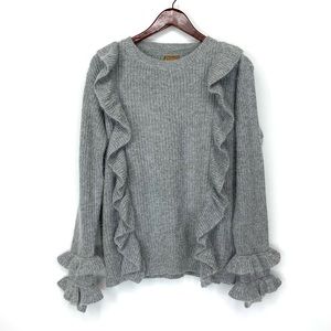 POL Gray Angora Wool Blend Fuzzy Knit Cascade Ruffle Front Sweater Size Large